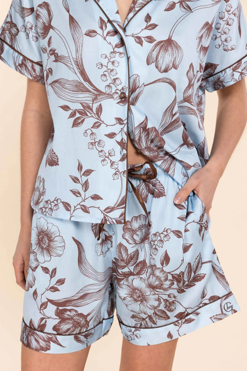 Gingerlilly | Domencia Cotton Pyjama Sateen Short Set - Blue