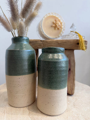Joss Beadle Medium Pottery Vase Green with Natural Colorway