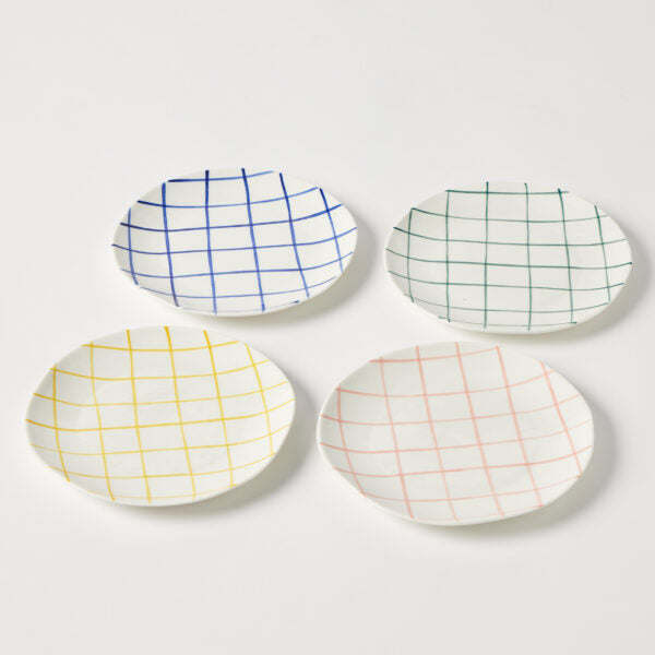 Loft Side Plates. Hand-painted with bold brushstroke check patterns in blue, green, pink and yellow