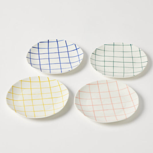 Hand-painted with bold brushstroke check patterns in blue, green, pink and yellow