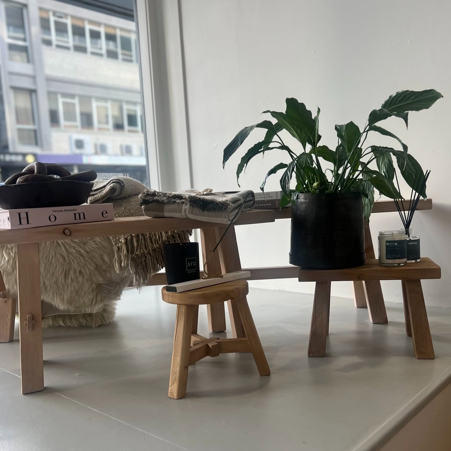 A styled interior scene with a potted green plant in a black planter, a small wooden stool, a folded blanket, books, and a candle on a tabletop in a bright room.