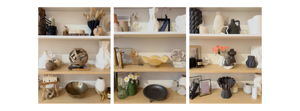A three-panel collage showing shelves filled with decorative home items, including vases, bowls, framed art, and dried grasses in neutral and earthy tones.